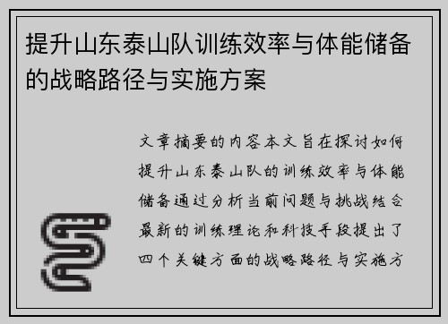 提升山东泰山队训练效率与体能储备的战略路径与实施方案